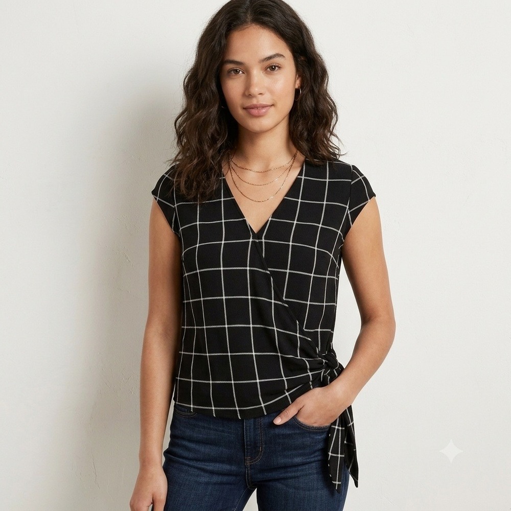 Banana Republic Plaid Faux Wrap Top (Cap Sleeve Side Tie) Black Small